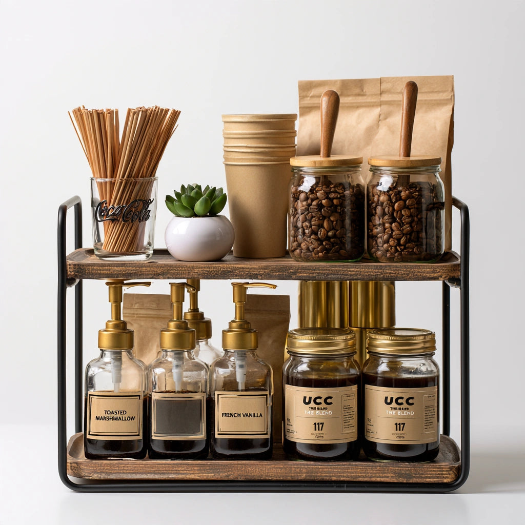 Kaffee- und Teestation, aus Holz, mit zwei Ebenen, Farbe: hellbraun