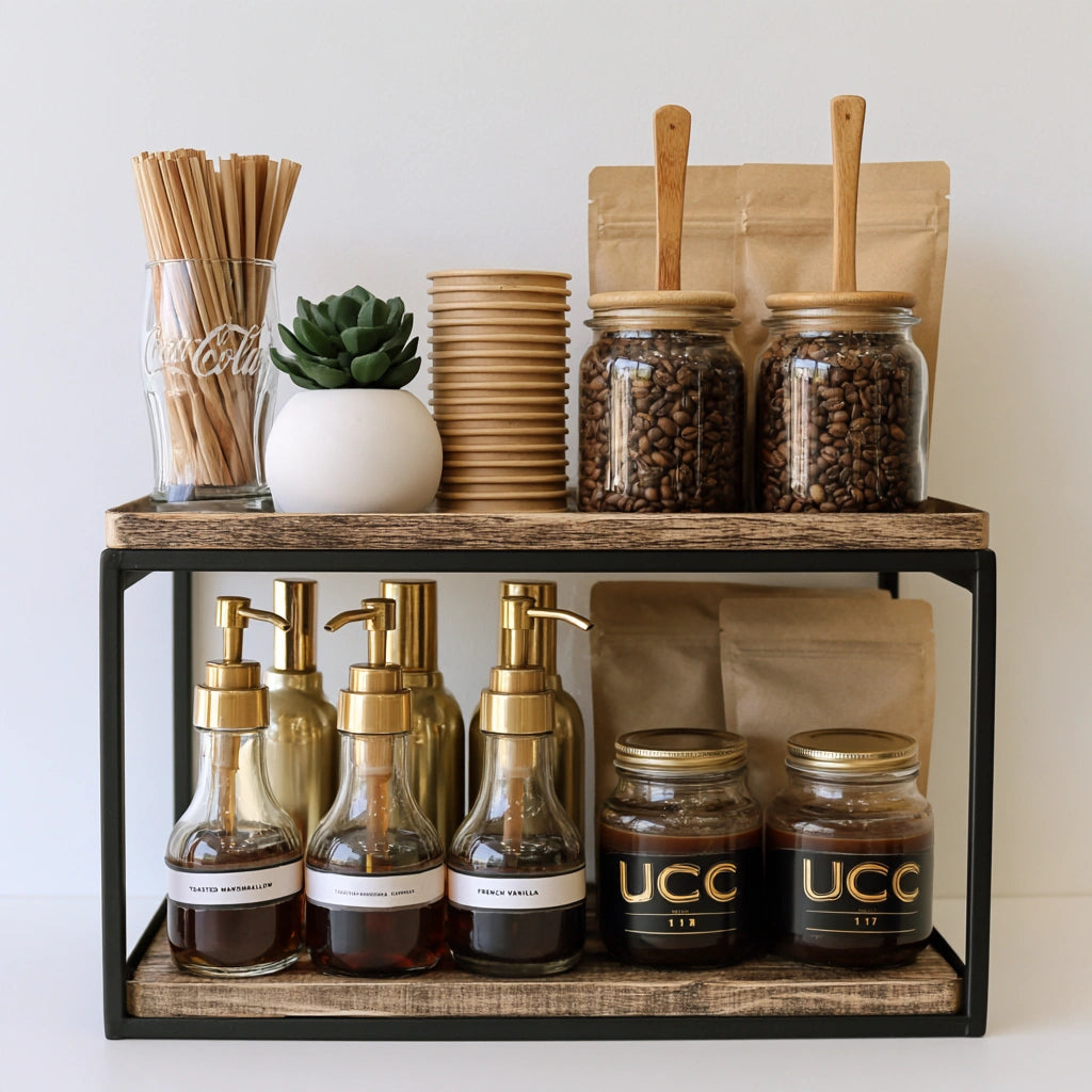 Kaffee- und Teestation, aus Holz, mit zwei Ebenen, Farbe: hellbraun